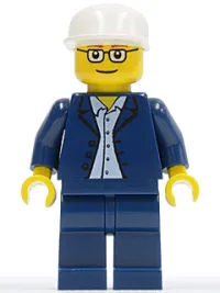 LEGO Dark Blue Jacket, Light Blue Shirt, Dark Blue Legs, Square Glasses, White Cap minifigure