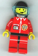 LEGO TV Logo in Globe on Red Jacket, Red Legs with Black Hips, Headset Pattern minifigure