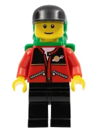 LEGO Red Jacket with Zipper Pockets and Classic Space Logo, Black Legs, Black Cap, Green Backpack with Sleeping Bag minifigure