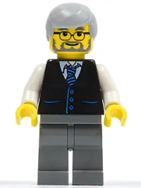 LEGO Black Vest with Blue Striped Tie, Dark Bluish Gray Legs, White Arms, Light Bluish Gray Male Hair, Glasses minifigure