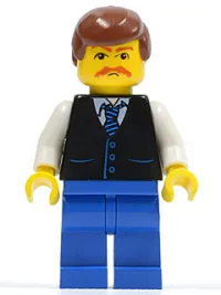 LEGO Black Vest with Blue Striped Tie, Blue Legs, White Arms, Reddish Brown Male Hair, Moustache minifigure