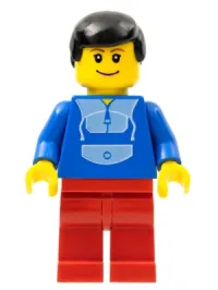 LEGO Jogging Suit, Red Legs, Black Male Hair, Wide Smile and Eyebrows minifigure