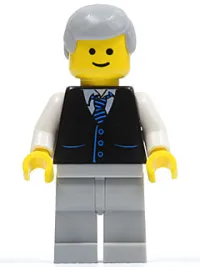 LEGO Black Vest with Blue Striped Tie, Light Bluish Gray Legs, White Arms, Light Bluish Gray Male Hair, Smile minifigure
