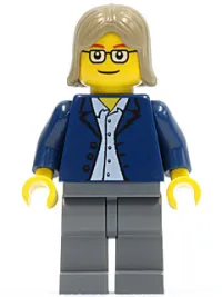 LEGO Dark Blue Jacket, Light Blue Shirt, Dark Bluish Gray Legs, Square Glasses, Dark Tan Female Hair minifigure