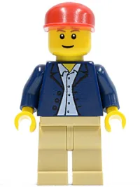LEGO Dark Blue Jacket, Light Blue Shirt, Tan Legs, Red Long Bill Cap minifigure