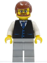 LEGO Black Vest with Blue Striped Tie, Light Bluish Gray Legs, White Arms, Reddish Brown Male Hair, Beard and Glasses minifigure