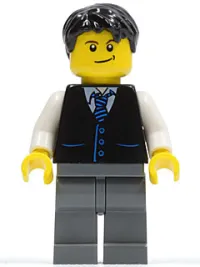LEGO Black Vest with Blue Striped Tie, Dark Bluish Gray Legs, White Arms, Black Short Tousled Hair minifigure