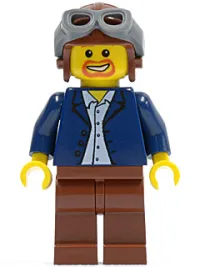 LEGO Dark Blue Jacket, Light Blue Shirt, Reddish Brown Legs, Aviator Cap and Goggles minifigure
