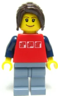 LEGO Red Shirt with 3 Silver Logos, Dark Blue Arms, Sand Blue Legs, Dark Brown Hair Ponytail Long with Side Bangs minifigure