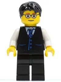 LEGO Black Vest with Blue Striped Tie, Black Legs, White Arms, Black Short Tousled Hair, Glasses minifigure