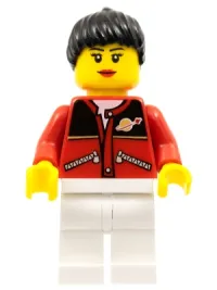 LEGO Red Jacket with Zipper Pockets and Classic Space Logo, White Legs, Black Female Ponytail Hair, Black Eyebrows minifigure