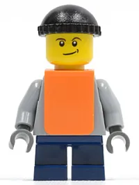 LEGO Plain Light Bluish Gray Torso, Dark Blue Short Legs, Knit Cap, Orange Vest minifigure