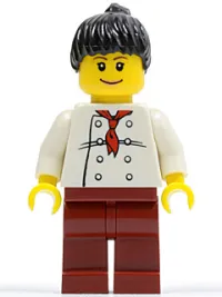 LEGO Chef - White Torso with 8 Buttons, Dark Red Legs, Black Ponytail Hair minifigure