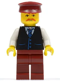 LEGO Black Vest with Blue Striped Tie, Dark Red Legs, White Arms, Dark Red Hat, Moustache minifigure