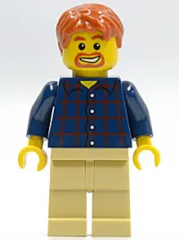 LEGO Plaid Button Shirt, Tan Legs, Dark Orange Short Tousled Hair, Dark Orange Goatee and Eyebrows minifigure