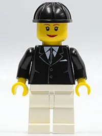 LEGO Horse Rider, Female, Black Suit with Tie, White Legs, Black Construction Helmet minifigure