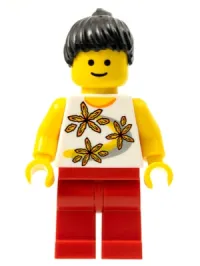 LEGO Yellow Flowers - Black Ponytail Hair, Red Legs minifigure