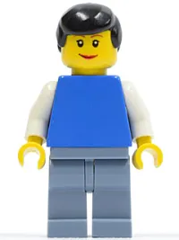 LEGO Plain Blue Torso with White Arms, Sand Blue Legs, Black Male Hair, Lipstick minifigure