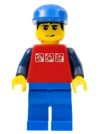 LEGO Red Shirt with 3 Silver Logos, Dark Blue Arms, Blue Legs, Blue Cap minifigure
