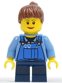 LEGO Overalls with Tools in Pocket Blue, Reddish Brown Ponytail Hair, Lipstick, Dark Blue Short Legs minifigure