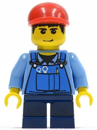 LEGO Overalls with Tools in Pocket Blue, Red Short Bill Cap, Dark Blue Short Legs minifigure