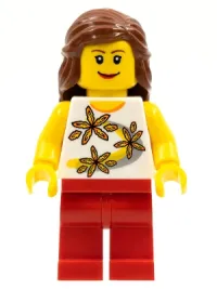 LEGO Yellow Flowers, Red Legs, Reddish Brown Female Hair Mid-Length minifigure