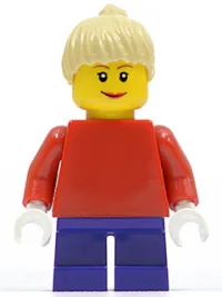 LEGO Plain Red Torso with Red Arms, Dark Purple Short Legs, Tan Female Ponytail Hair, Brown Eyebrows minifigure