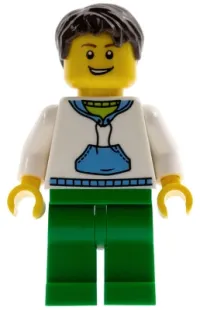 LEGO White Hoodie with Blue Pockets, Green Legs, Dark Brown Short Tousled Hair minifigure