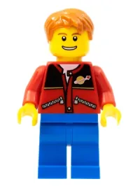 LEGO Red Jacket with Zipper Pockets and Classic Space Logo, Blue Legs, Dark Orange Short Tousled Hair minifigure