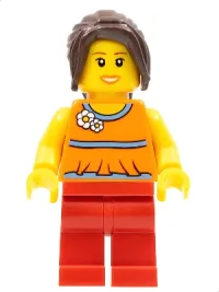LEGO Orange Halter Top with Medium Blue Trim and Flowers Pattern, Red Legs, Dark Brown Hair Ponytail Long with Side Bangs minifigure
