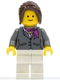 LEGO Dark Bluish Gray Jacket with Magenta Scarf, White Legs, Dark Brown Hair Ponytail Long with Side Bangs minifigure