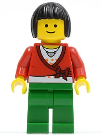 LEGO Sweater Cropped with Bow, Heart Necklace, Green Legs, Black Bob Cut Hair minifigure
