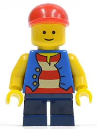 LEGO Vest over Red and White Striped Shirt, Dark Blue Short Legs, Red Short Bill Cap minifigure
