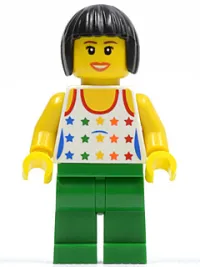 LEGO Shirt with Female Rainbow Stars Pattern, Green Legs, Black Bob Cut Hair minifigure