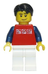LEGO Red Shirt with 3 Silver Logos, Dark Blue Arms, White Legs, Black Short Tousled Hair minifigure