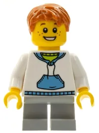 LEGO White Hoodie with Blue Pockets, Light Bluish Gray Short Legs, Dark Orange Short Tousled Hair minifigure