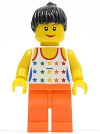 LEGO Shirt with Female Rainbow Stars Pattern, Orange Legs, Black Ponytail Hair minifigure