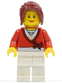 LEGO Sweater Cropped with Bow, Heart Necklace, White Legs, Dark Red Hair Ponytail Long with Side Bangs minifigure