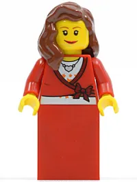 LEGO Sweater Cropped with Bow, Heart Necklace, Red Skirt, Reddish Brown Female Hair over Shoulder, Small Eylashes and Wide Smile minifigure