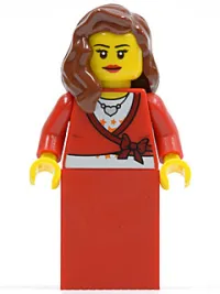 LEGO Sweater Cropped with Bow, Heart Necklace, Red Skirt, Reddish Brown Female Hair over Shoulder, Eyelashes and Smile minifigure