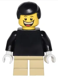 LEGO Plain Black Torso with Black Arms, Tan Short Legs, Black Male Hair minifigure