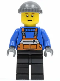 LEGO Overalls with Safety Stripe Orange, Black Legs, Dark Bluish Gray Knit Cap, Brown Eyebrows, Thin Grin minifigure