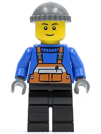 LEGO Overalls with Safety Stripe Orange, Black Legs, Dark Bluish Gray Knit Cap, Black Legs, Black Eyebrows, Thin Grin minifigure