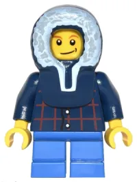 LEGO Plaid Button Shirt, Blue Short Legs, Dark Blue Hood, Lopsided Smile with Dimple minifigure