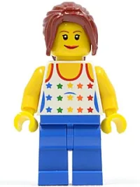 LEGO Shirt with Female Rainbow Stars Pattern, Blue Legs, Dark Red Hair Ponytail Long with Side Bangs minifigure