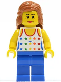 LEGO Shirt with Female Rainbow Stars Pattern, Blue Legs, Dark Orange Female Hair Mid-Length minifigure