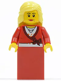 LEGO Sweater Cropped with Bow, Heart Necklace, Red Skirt, Bright Light Yellow Female Hair Mid-Length minifigure