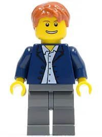 LEGO Dark Blue Jacket, Light Blue Shirt, Dark Bluish Gray Legs, Dark Orange Male Hair minifigure