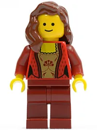 LEGO Female Corset with Gold Panel Front and Lace Up Back Pattern, Dark Red Legs, Reddish Brown Female Hair over Shoulder minifigure