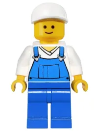 LEGO Overalls Blue over V-Neck Shirt, Blue Legs, White Short Bill Cap minifigure